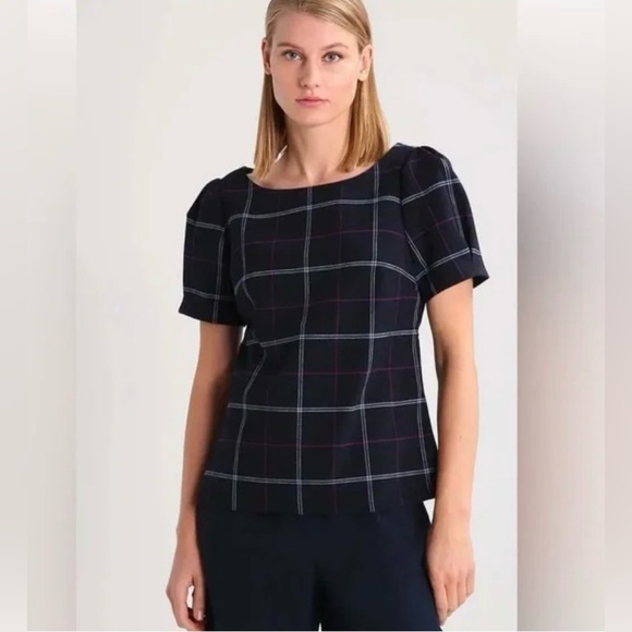 Banana Republic puff sleeve navy plaid top - Picture 2 of 4